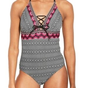 Kona Sol Lace up One piece Swimsuit black & pink Floral Padded Size‎ XL